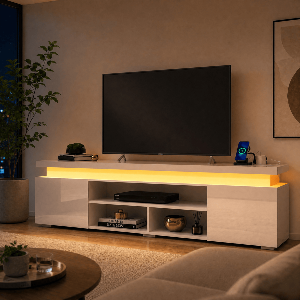 High Gloss Black LED TV Stand with Power Outlets & RGB Lights