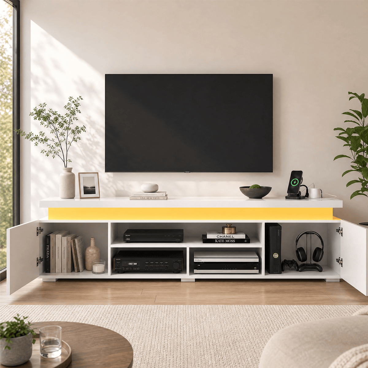 High Gloss Black LED TV Stand with Power Outlets & RGB Lights