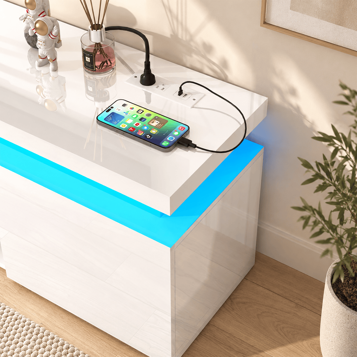 High Gloss Black LED TV Stand with Power Outlets & RGB Lights