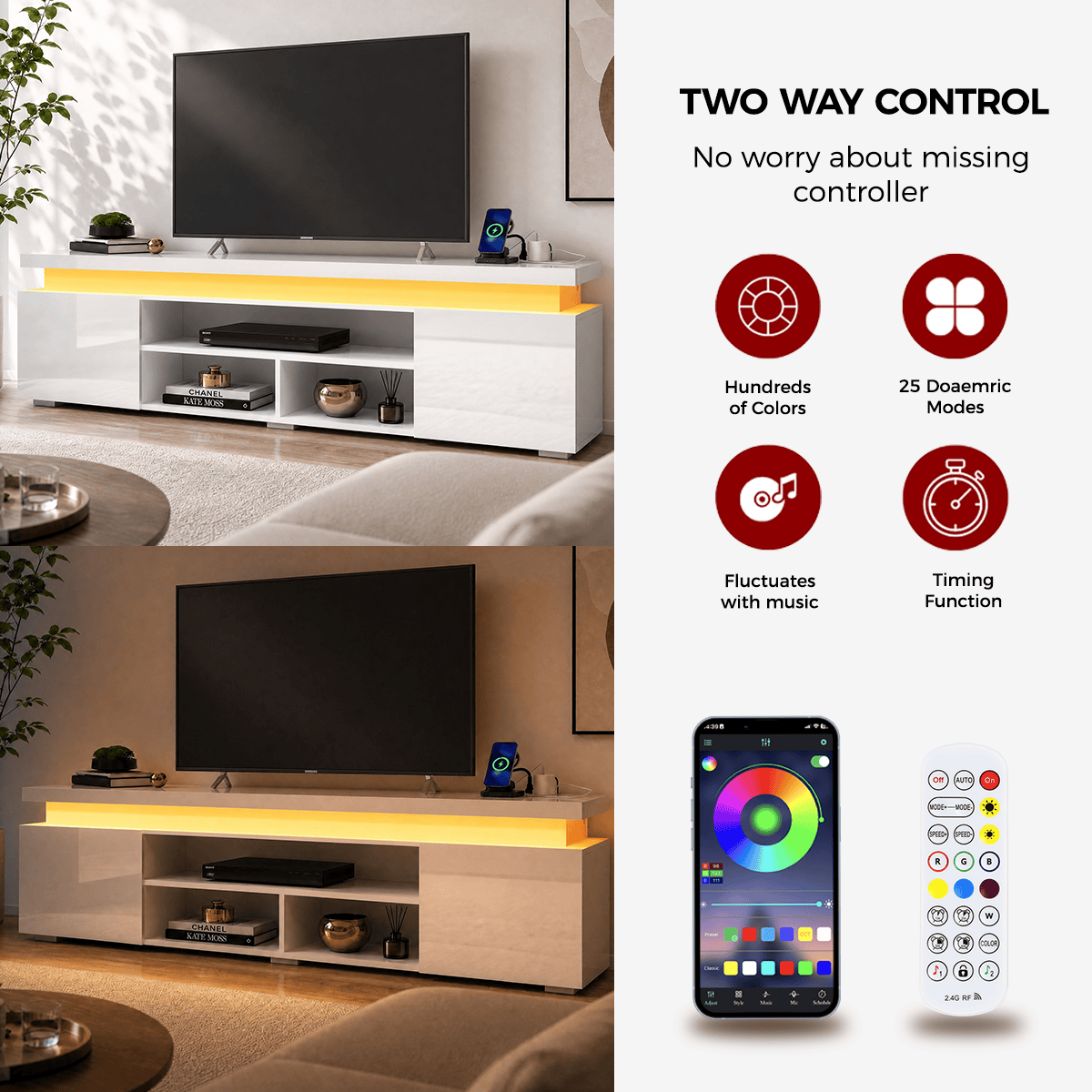 High Gloss Black LED TV Stand with Power Outlets & RGB Lights