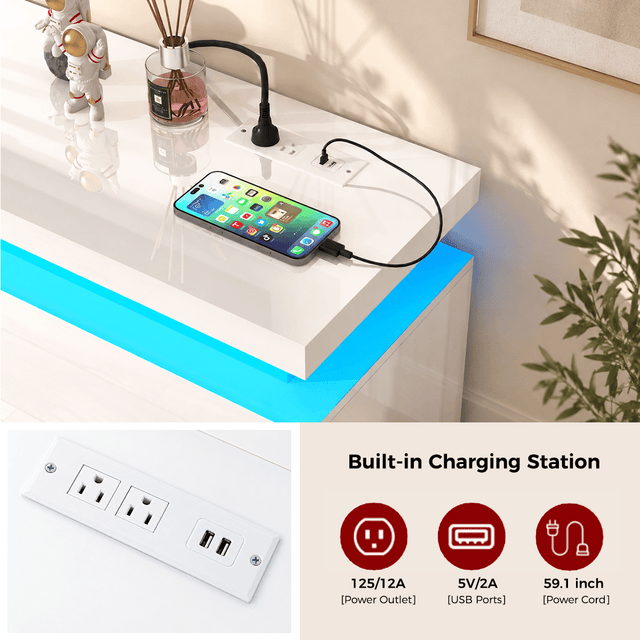 High Gloss Black LED TV Stand with Power Outlets & RGB Lights