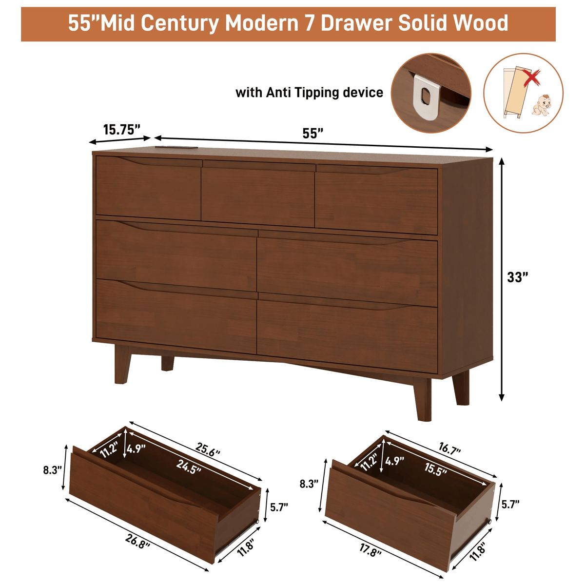 7 Drawer Dresser Wood Chest of Drawers Brown dimension image
