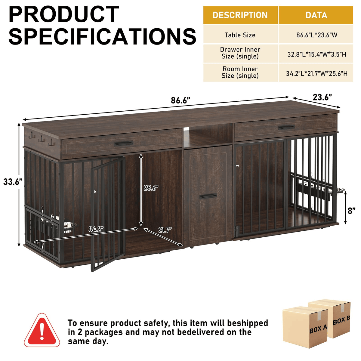 87" Modern Dog Crate TV Stand Dog Kennel Furniture Brown dimension image