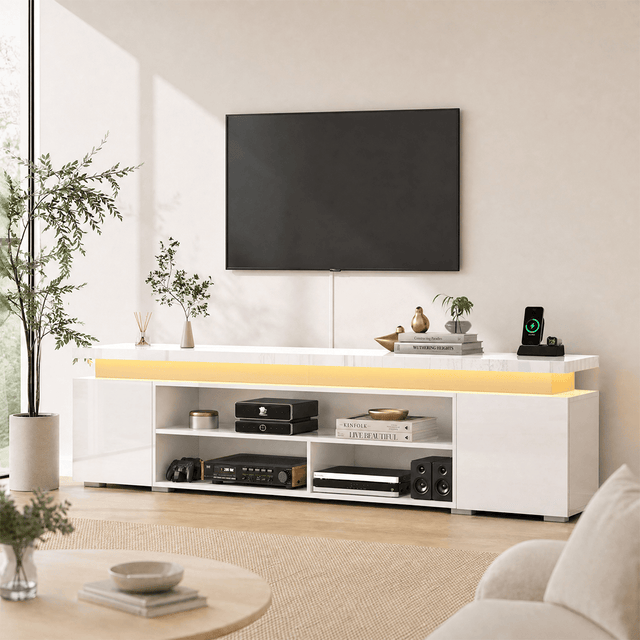 High Gloss Black LED TV Stand with Power Outlets & RGB Lights