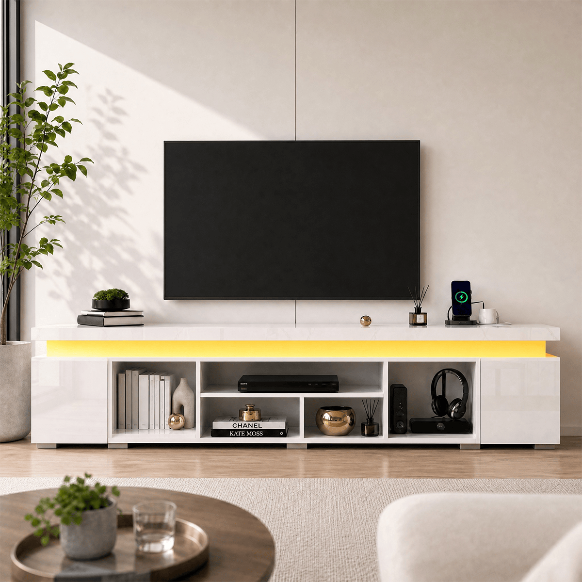 High Gloss Black LED TV Stand with Power Outlets & RGB Lights
