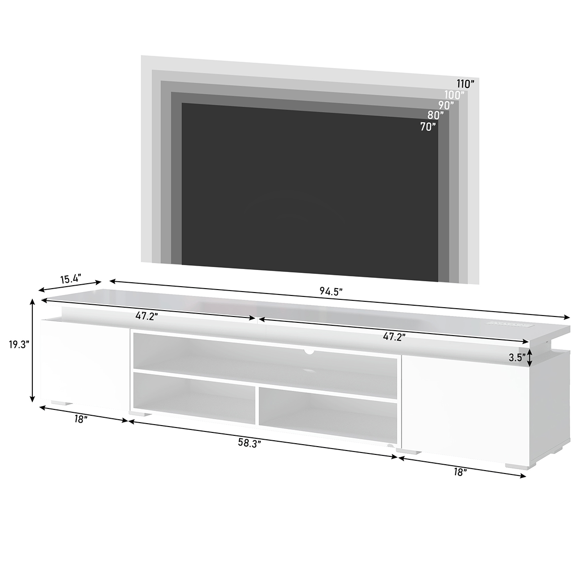 High Gloss Black LED TV Stand with Power Outlets & RGB Lights