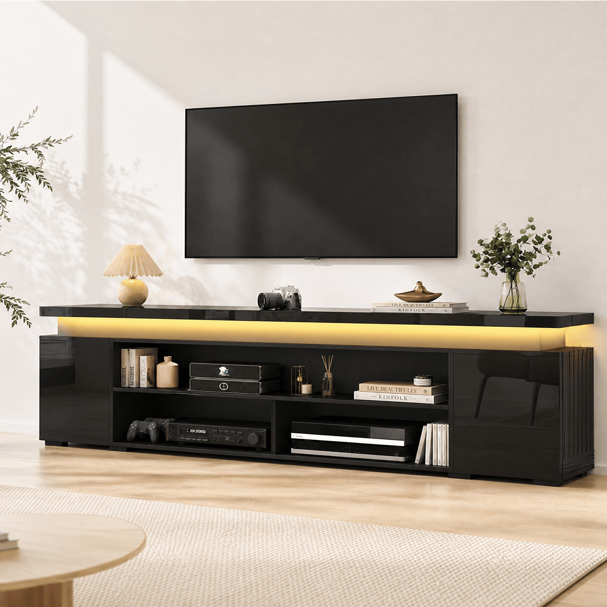 High Gloss Black LED TV Stand with Power Outlets & RGB Lights