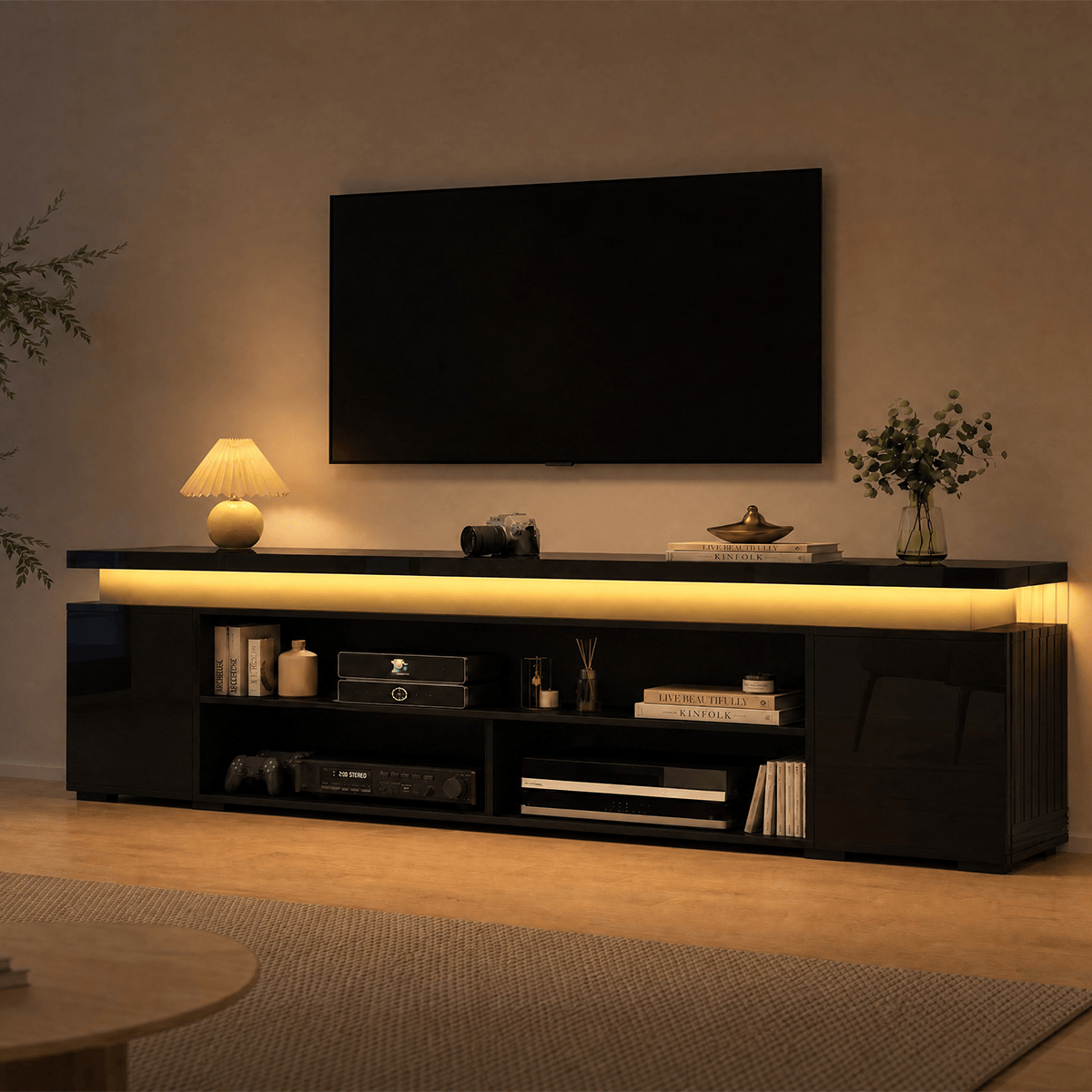 High Gloss Black LED TV Stand with Power Outlets & RGB Lights