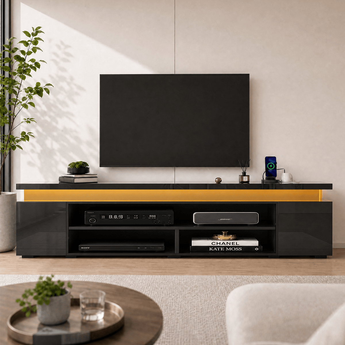 High Gloss Black LED TV Stand with Power Outlets & RGB Lights