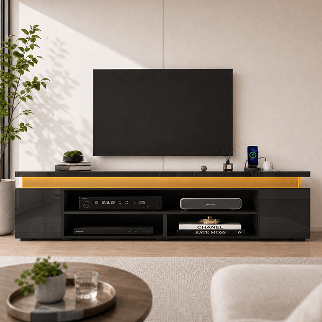 High Gloss Black LED TV Stand with Power Outlets & RGB Lights