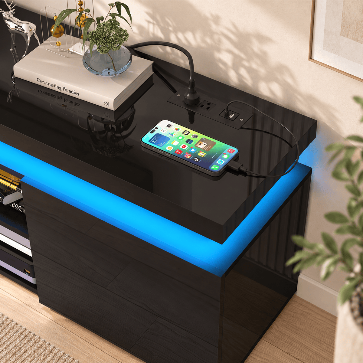 High Gloss Black LED TV Stand with Power Outlets & RGB Lights