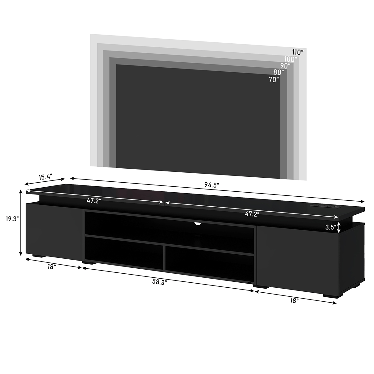 High Gloss Black LED TV Stand with Power Outlets & RGB Lights