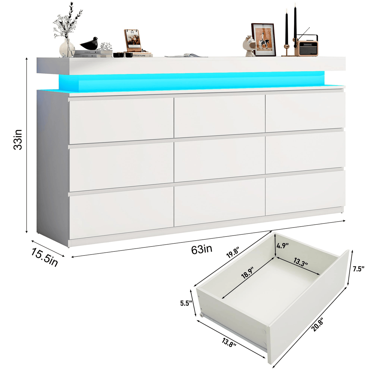 9 Drawer Dresser Modern Chest of Drawers White dimension image
