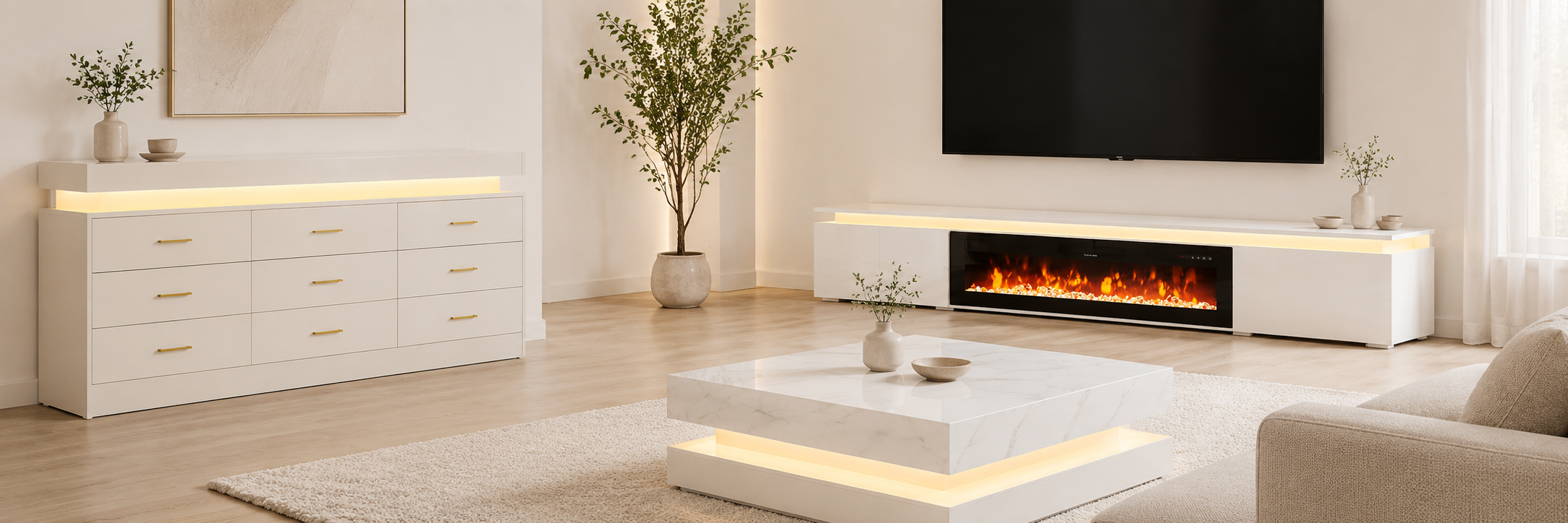 Farmhouse furniture in a warm living room