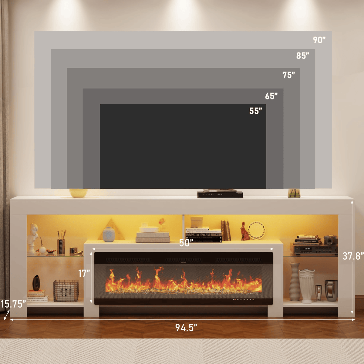 Electric Fireplace 82"/ 94.5" TV Stand Entertainment Center with Fireplace / 94.5" / White dimension image