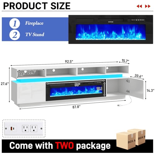 Electric Fireplace 63"/ 71"/ 82.7"/ 92.5" TV Stand Entertainment Center with Fireplace / 92.5” / White dimension image