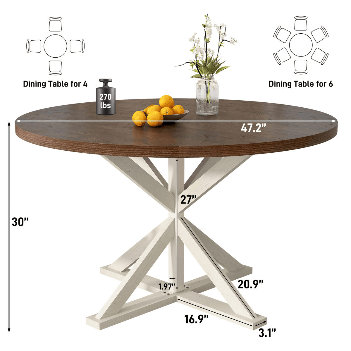 Round Wood Kitchen Dining Room Table White/ Brown dimension image